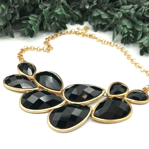 Gold Tone Chain Statement Necklace With Black Teardrop Crystal Accents - Picture 2 of 5